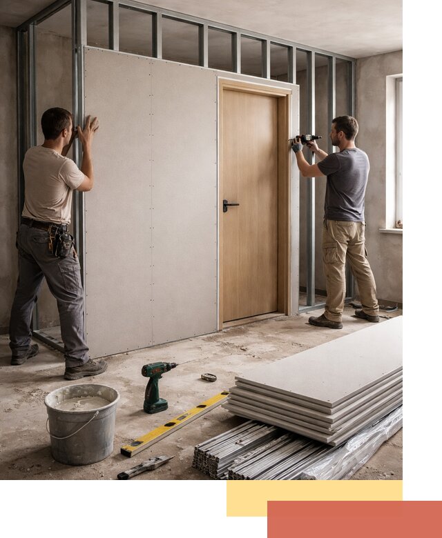 Перегородка из гипсокартона с дверью под ключ в Климовске