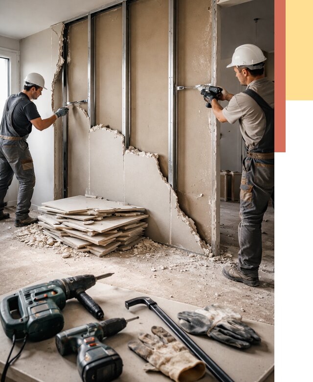 Демонтаж перегородки из гипсокартона в Климовске от 1215 руб. быстро и недорого | ОТДЕЛОЧНИК-Клс