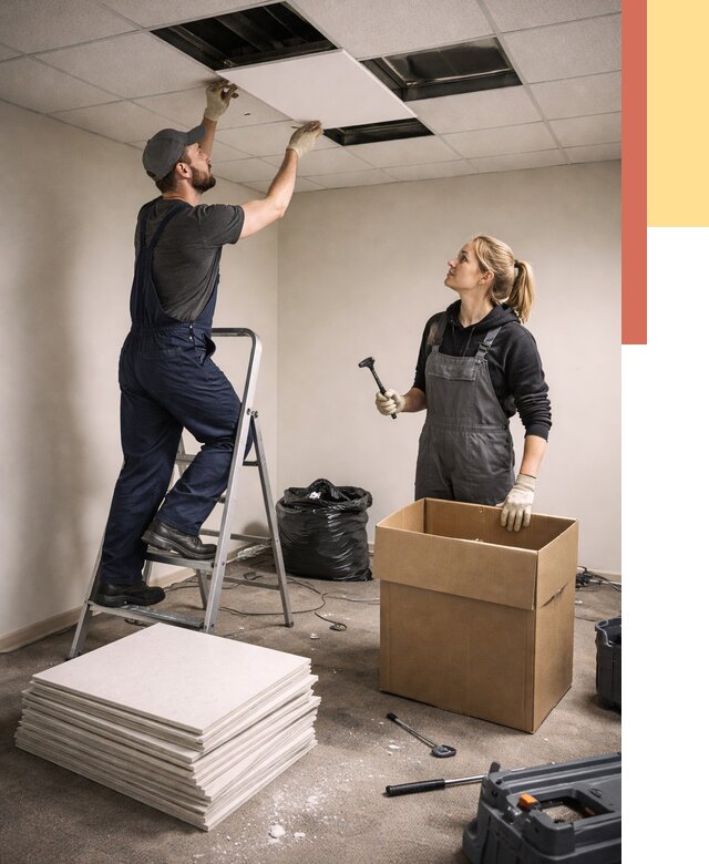 Демонтаж потолочной плитки в Климовске от 4558 руб. быстро и недорого | ОТДЕЛОЧНИК-Клс