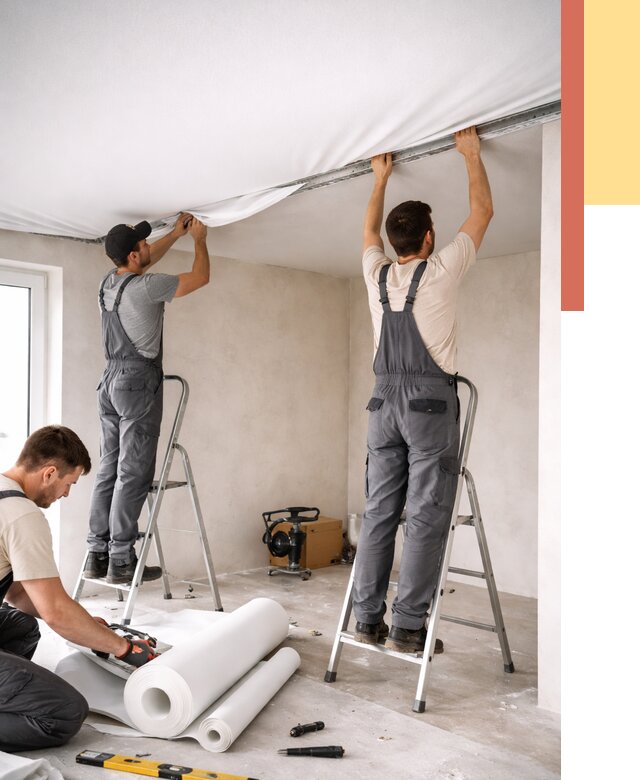 Монтаж тканевого натяжного потолка в Климовске от 3545 руб. под ключ | ОТДЕЛОЧНИК-Клс