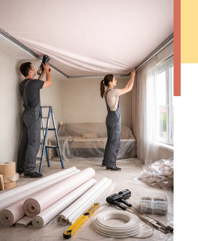 Монтаж цветного натяжного потолка в Климовске от 4254 руб/м² — быстро и недорого | ОТДЕЛОЧНИК-Клс