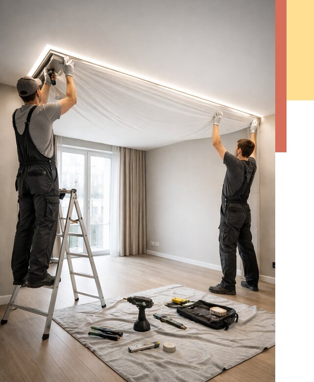 Монтаж парящего натяжного потолка в Климовске от 4558 руб. быстро и недорого | ОТДЕЛОЧНИК-Клс