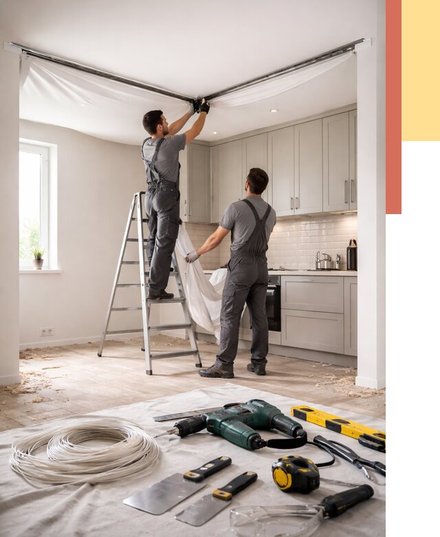 Установка натяжного потолка на кухне в Климовске от 2431 руб. | ОТДЕЛОЧНИК-Клс