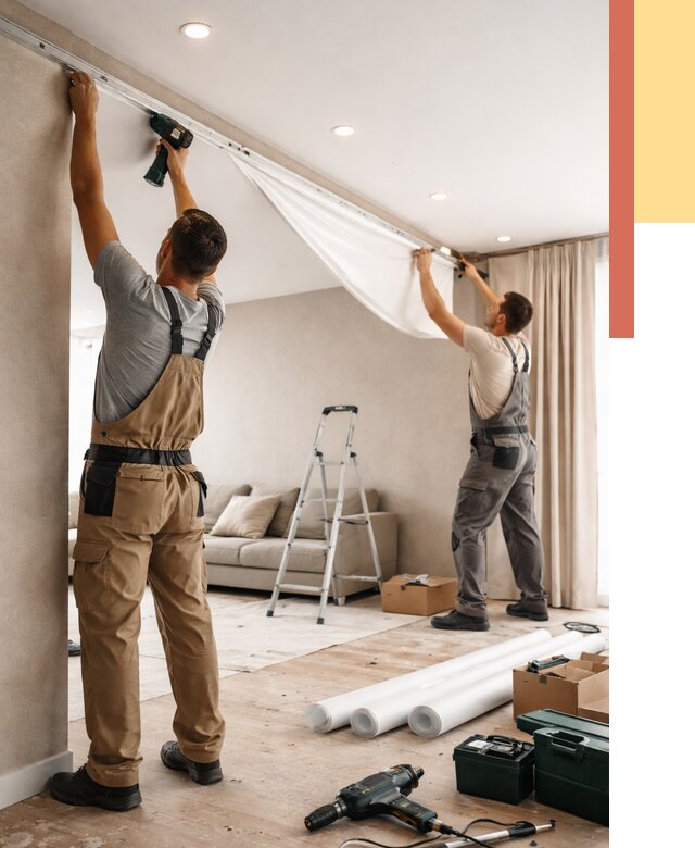 Монтаж натяжного потолка в гостиной в Климовске от 557 руб. | ОТДЕЛОЧНИК-Клс