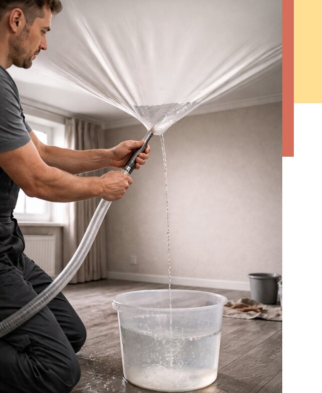 Слив воды с натяжного потолка в Климовске от 2532 руб. быстро и недорого | ОТДЕЛОЧНИК-Клс