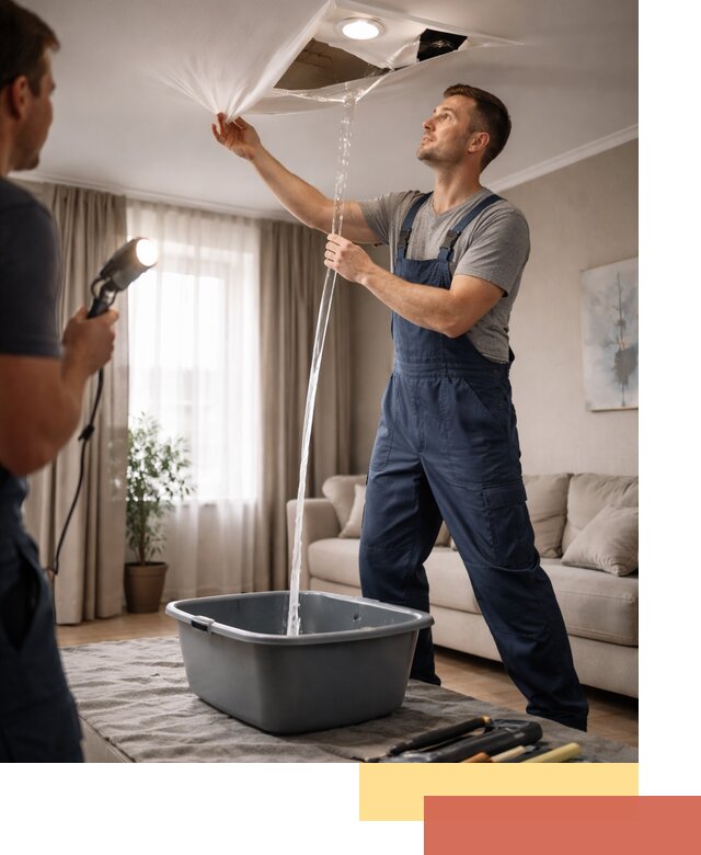 Слив воды с натяжного потолка в Климовске быстро и аккуратно