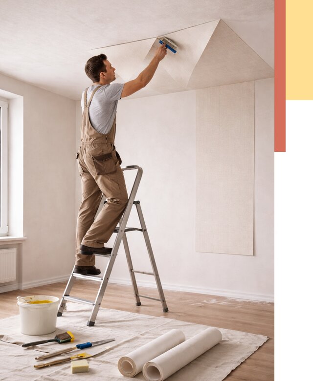 Поклейка обоев на потолок в Климовске от 4558 руб. быстро и недорого | ОТДЕЛОЧНИК-Клс